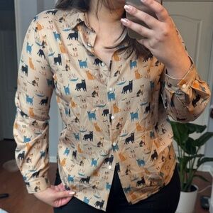 SHEIN Cat Print Blouse in Tan and Blue